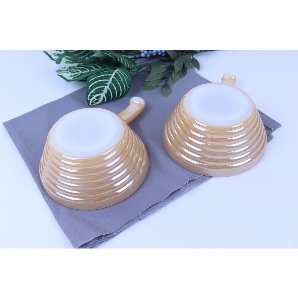Vintage Fire King Chili Soup Bowls Handled Beehive Peach Luster Lustre Lot of 4
